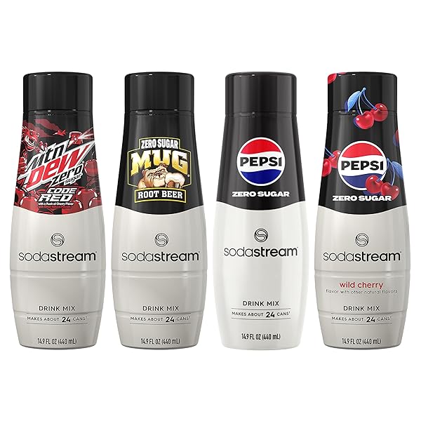 SODASTREAM PEPSI WILD CHERRY, MTN DEW CODE RED, PEPSI & MUG ROOT VARIETY PACK, ZERO SUGAR, 440ML PACK OF 4