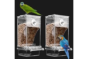 PAXLKUAO Automatic No Mess Bird Cage Feeder， 2Pack Acrylic Transparent Parrot Seed Feeders with Perch Parakeet Food Container Cage Accessories for Small and Medium Lovebirds Canary Cockatoo Cockatiel Finch