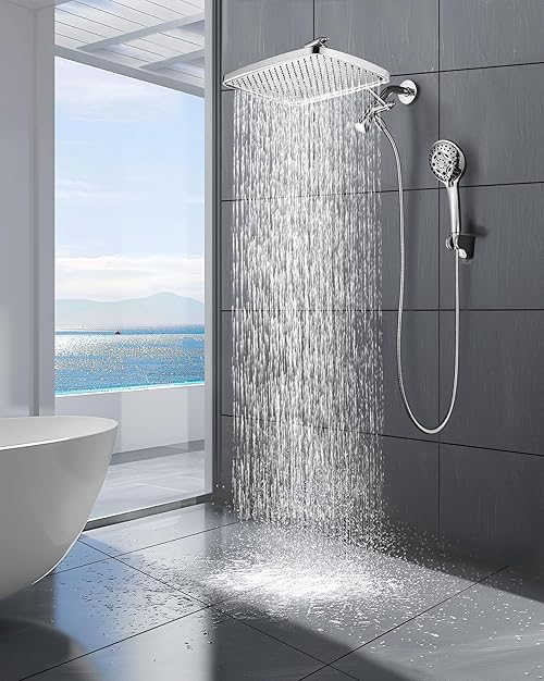 Cobbe 12'' Rain Shower Head with Extension Arm - Dual Shower Heads with 8 Modes Handheld Spray Combo - Wide RainFall shower with Anti-Clog Nozzles, Adhesive Showerhead Holder, Chrome