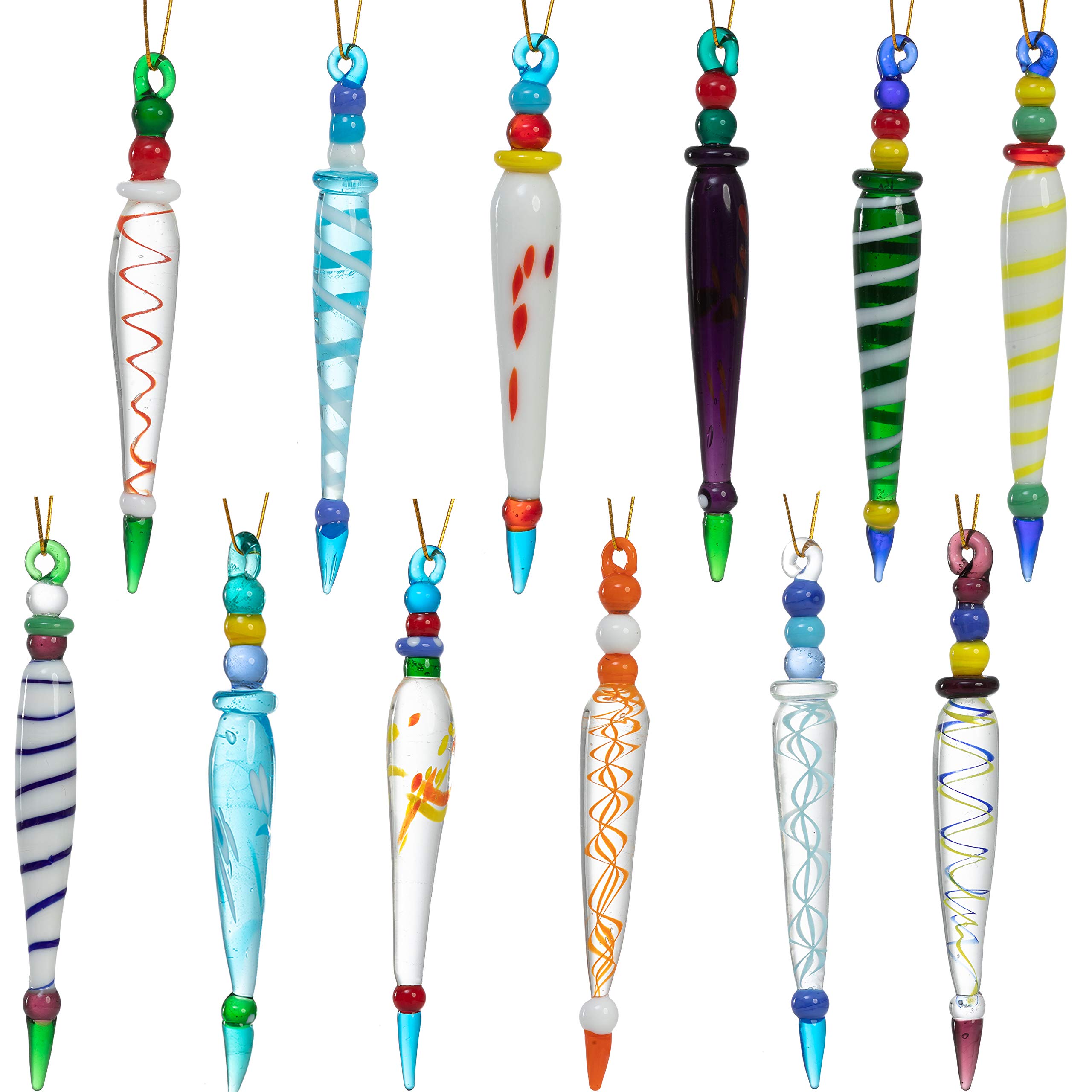 JOYIN 12Pcs Colorful Christmas Icicle Glass Ornaments, Christmas Tree Decorations in 12 Different Designs, 3.5-3.7" Xmas Tree Hanging Decorations