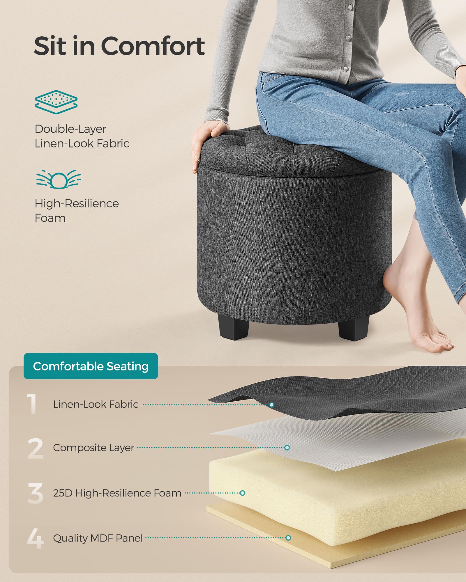 SONGMICS Round Ottoman, Ottoman with Storage, 17.7 Dia. x 17.5 H Inches Foot Rest with Legs, Load up to 330 lb, for Living Room, Bedroom, Dark Gray ULOM011G01 - Image 6
