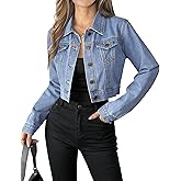 Grabsa Women's Button Down Long Sleeve Cropped Denim Jean Jacket with Pockets