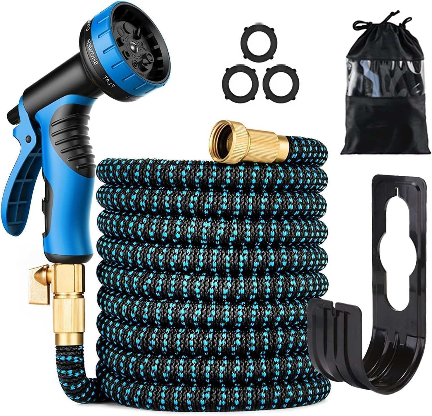 Photo 1 of 100 ft Expandable Garden Hose - Kink Free Flexible Water Hose with Thumb-Controlled 10-Function Nozzle, 3/4 Solid Brass Connectors, Retractable Latex Core - Lightweight Expanding Hose