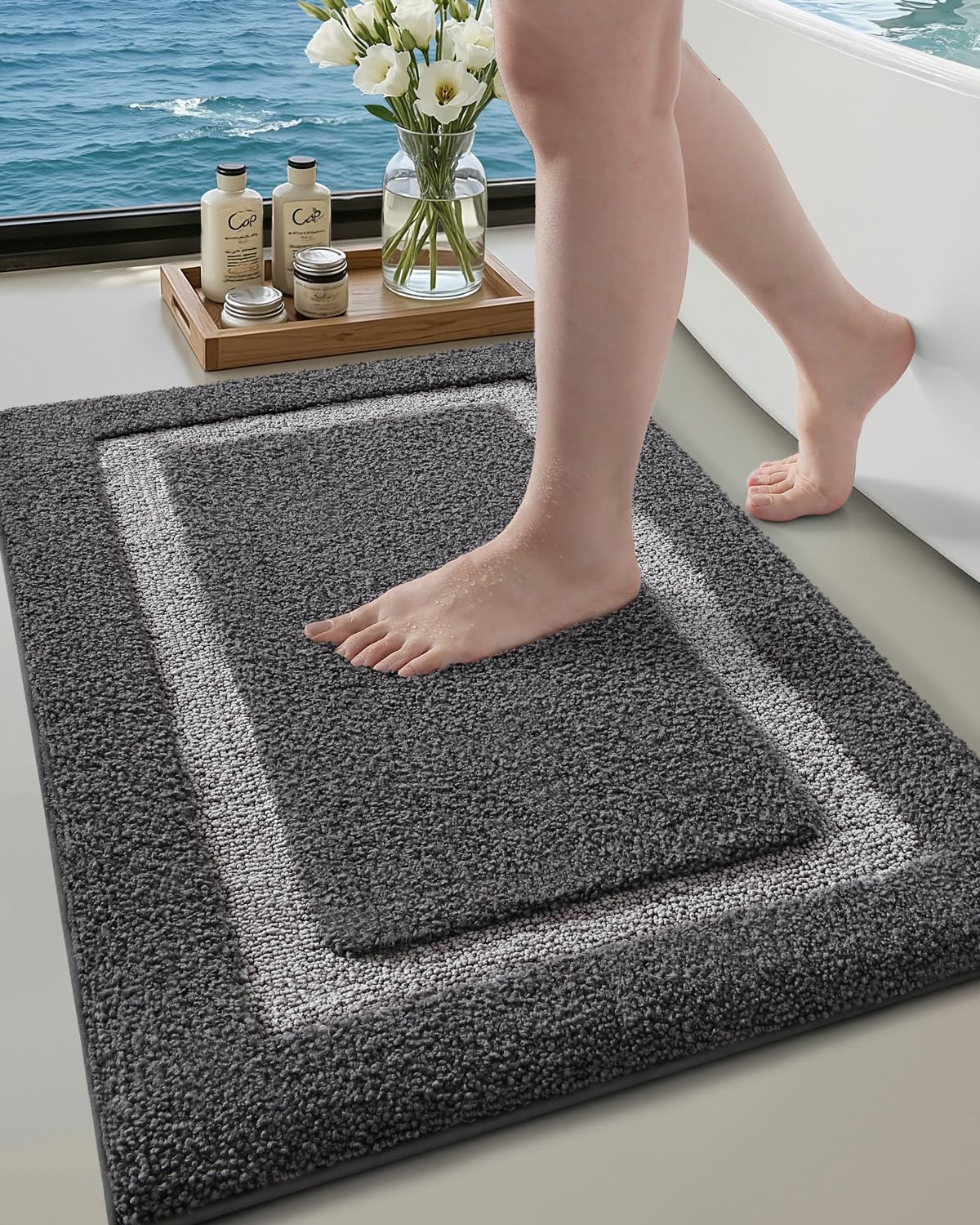Photo 1 of Color&Geometry Bathroom Rugs, Water Absorbent and Quick Dry Microfiber Bath Rugs-16"x24", Non-Slip, Machine Washable, Extra Soft Plush Bath Mats for Bathroom, Laundry Room, Dark and Light Grey
