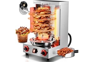 WantJoin Shawarma Grill Machine - 17 lbs Capacity Gas Vertical Rotisserie with 2 Burners and Heat Shields, 122°F to 752°F, for Chicken, Beef, Stainless Steel Gyro Machine, for Party and Commercial Use