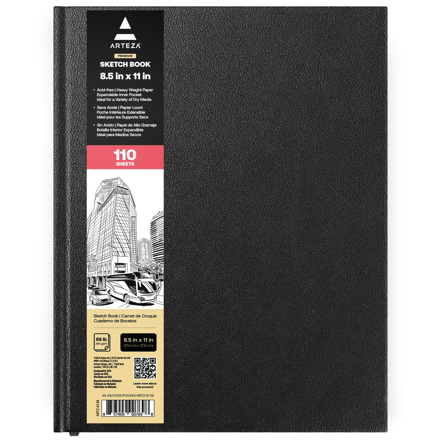 Arteza 21.6 x 27.9 cm Hardback Sketchbook, 220 Pages, 110gsm, with Bookmark Ribbon, Expandable Inner Pocket, and Elastic Strap, for a Variety of Dry Media
