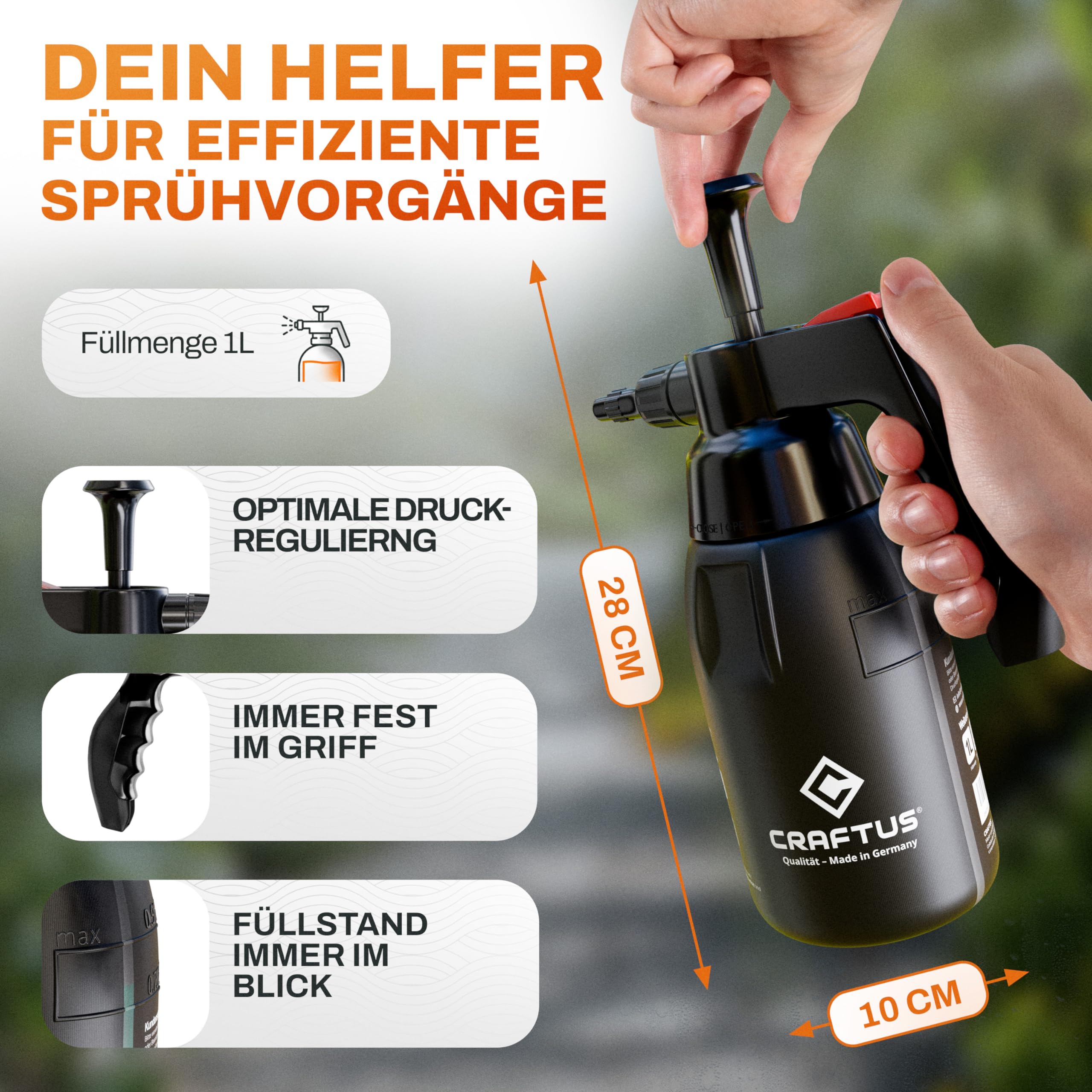 CRAFTUS® Drucksprüher 1L für gleichmäßige Verteilung von Flüssigkeit I Pumpsprühflasche für KFZ, Haus, Garten, Reinigungsmittel UVM. I Pumpflasche mit Überdruckventil & Verstellbarer Düse 3