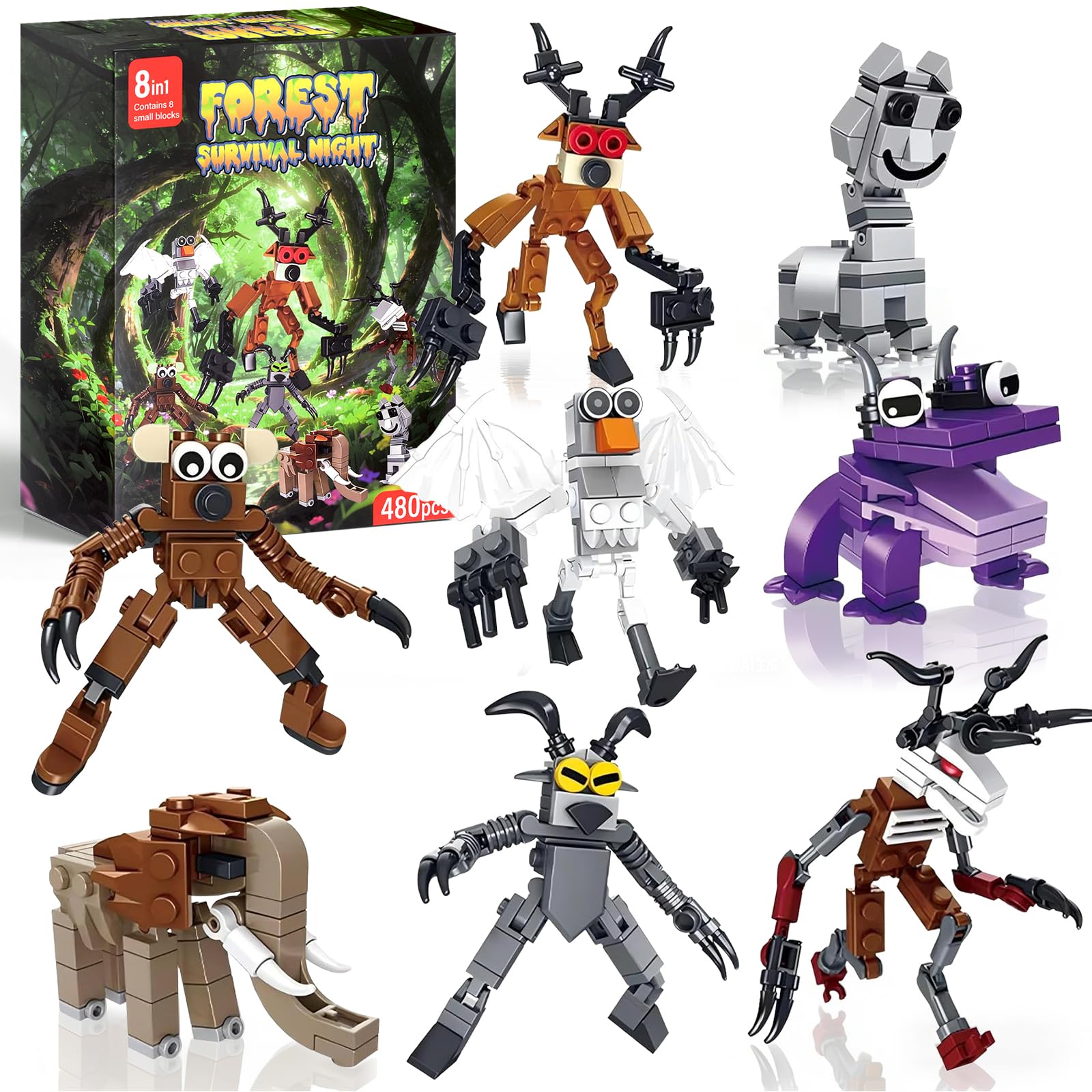 Yozexin 99 Nights In The Forest Building Set, 480Pcs Educational Brick Toys with Deer Monster Forest Creatures Block Figures, Creative Construction Game for Kids & Adults