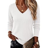 Ekouaer Womens Cable Knit V Neck Sweater Long Sleeve Fall Tops Clothes 2026 | Lightweight Basic Pullover Tops, Business Work Outfits, Early Fall Fashion Must Haves, Casual Dressy Fall Winter Layering