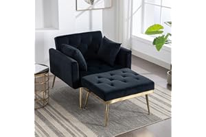 SULOPS 36.61''W Modern Accent Chair with 3 Adjustable Angles, Upholstered Tufted Chaise Lounger, Single Recliner Armchair with Ottoman & 2 Pillow for Living Room, Bedroom (Velvet Black)