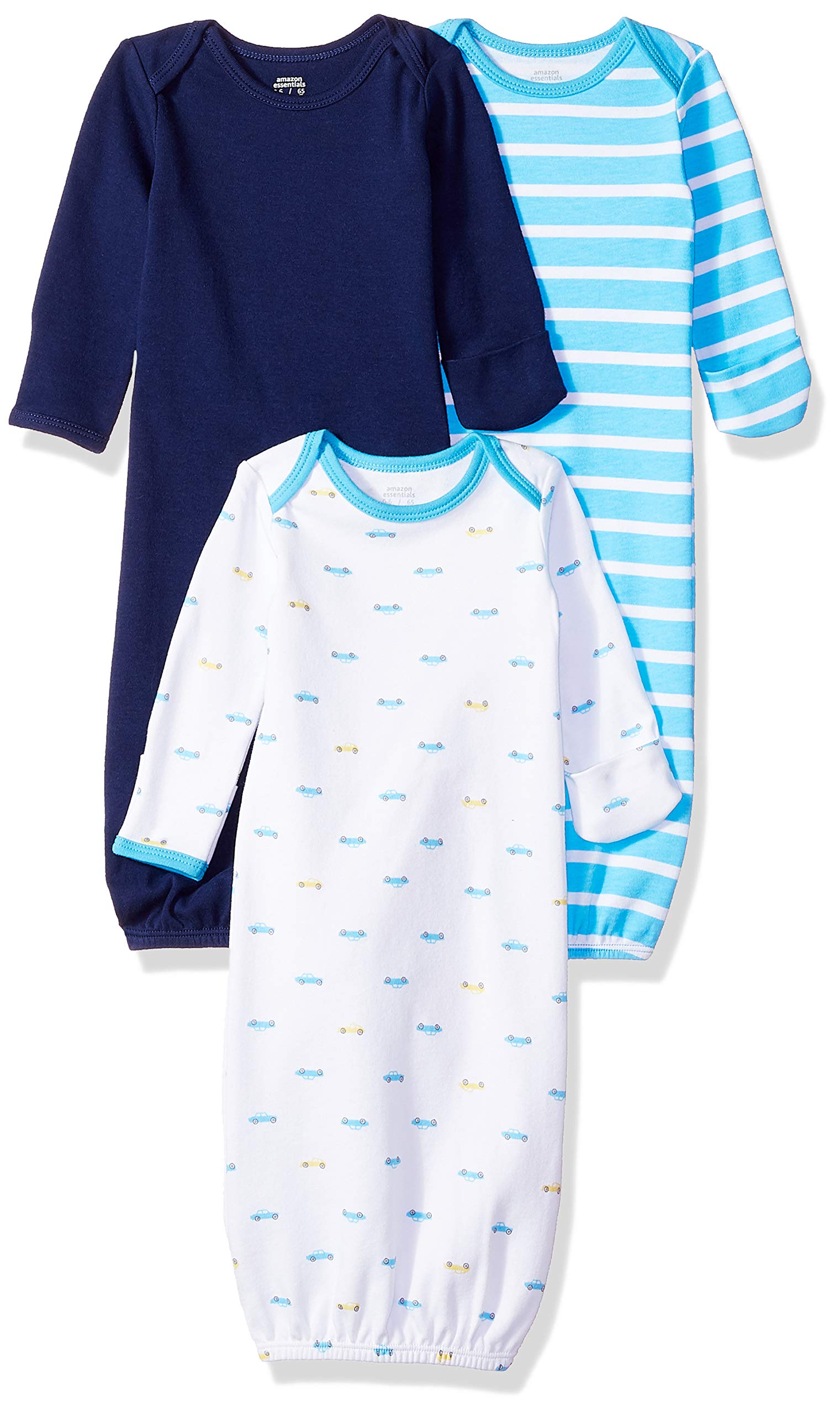 Amazon Essentials Unisex Babies' Cotton Sleeper Gowns, Pack of 3, Cars/Stripes, 6 Months