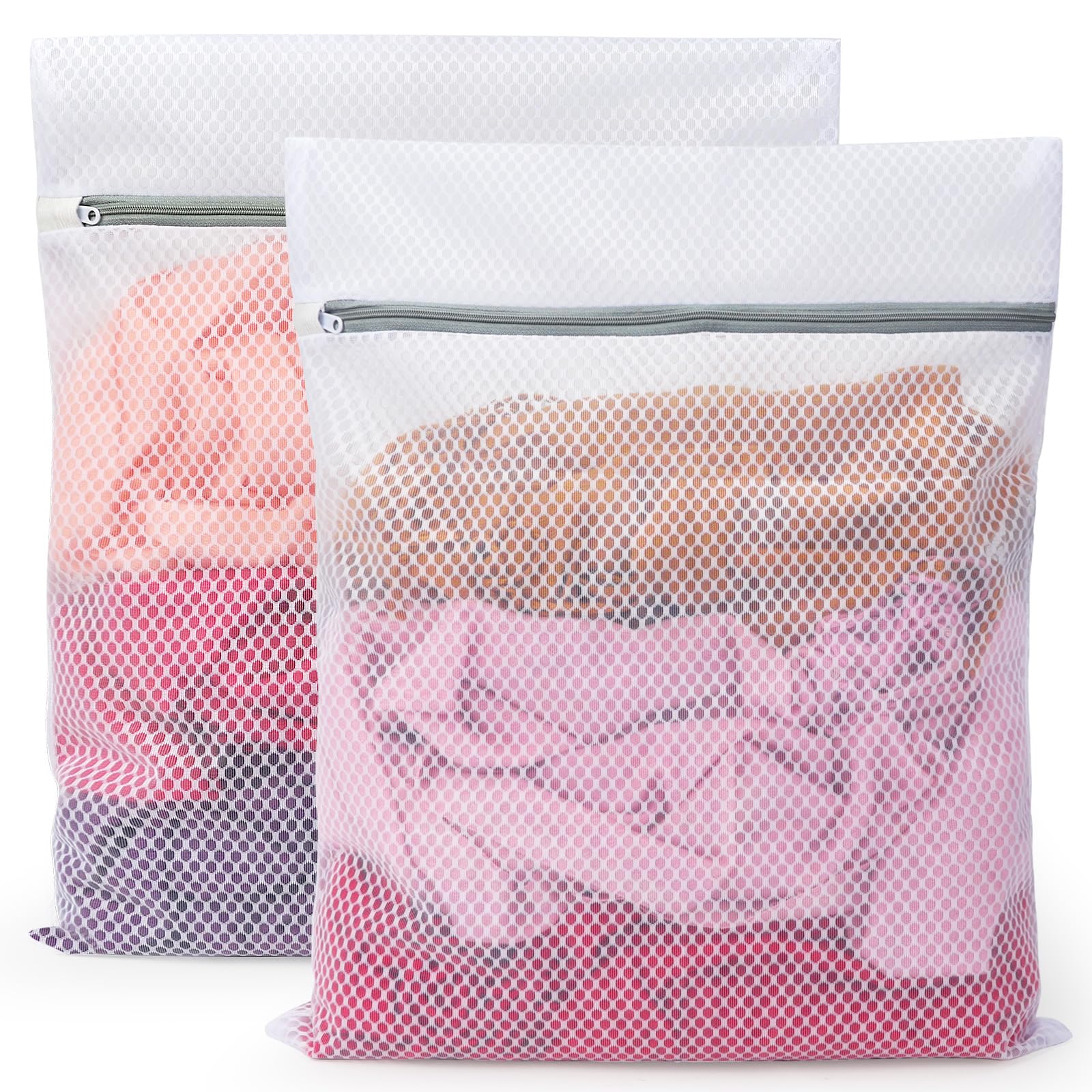 Vivifying Mesh Laundry Bag, 2 PCS Large Washing Machine Bag with Zip, 15 x 19 inch Coarse Net Washing Bag for Delicates,Clothes (White)