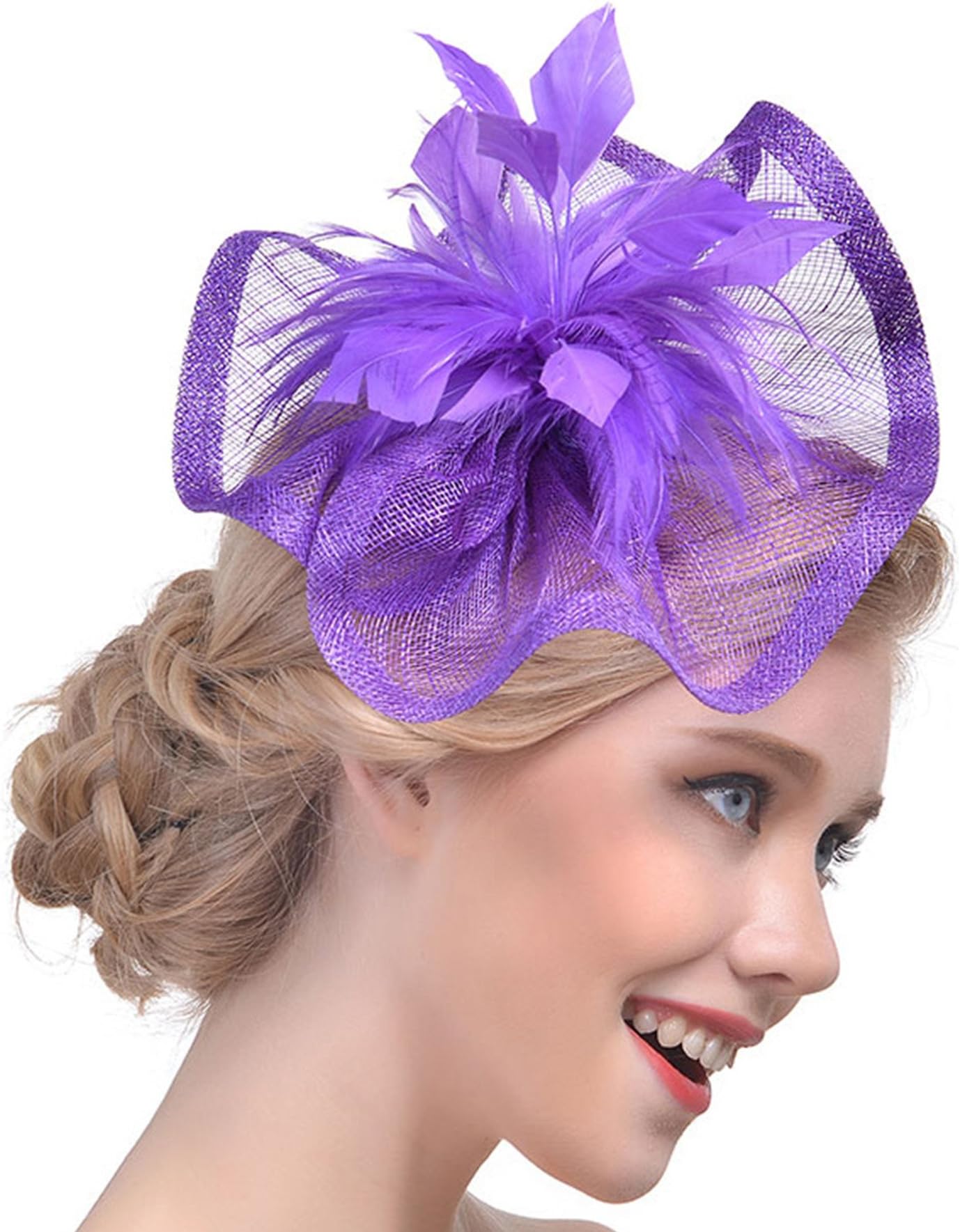 Feather Fascinators Hair Clip Pillbox Hat Derby Party Headdress Bride Headwear (Purple)