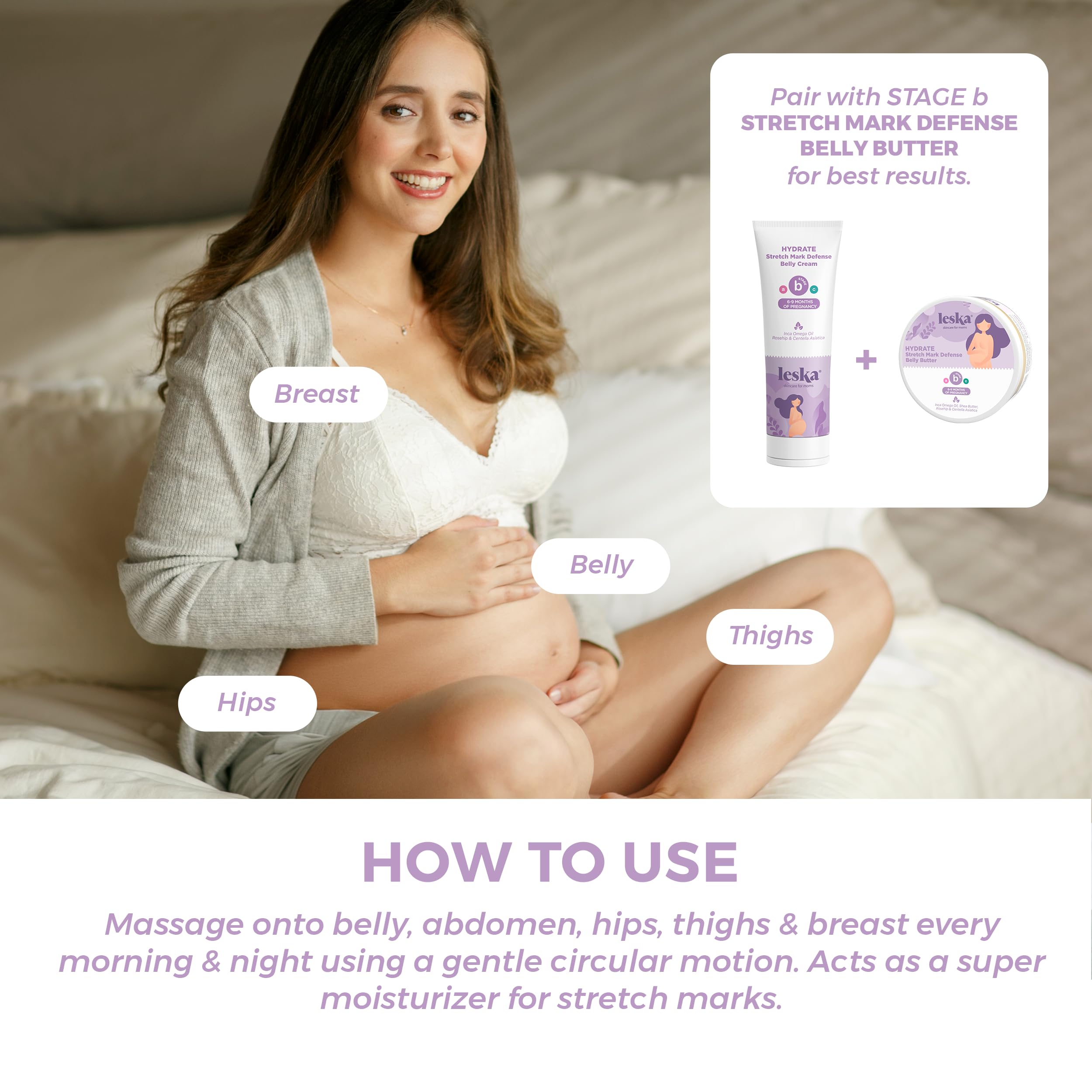 LESKA Maternity Stretch Mark Cream | STAGE B: HYDRATE Stretch Mark Defense Belly Cream (Pregnancy Months 6-9) | Part of a Complete 3-Stage Pregnancy Skincare System | New Mom Gifts (4oz)