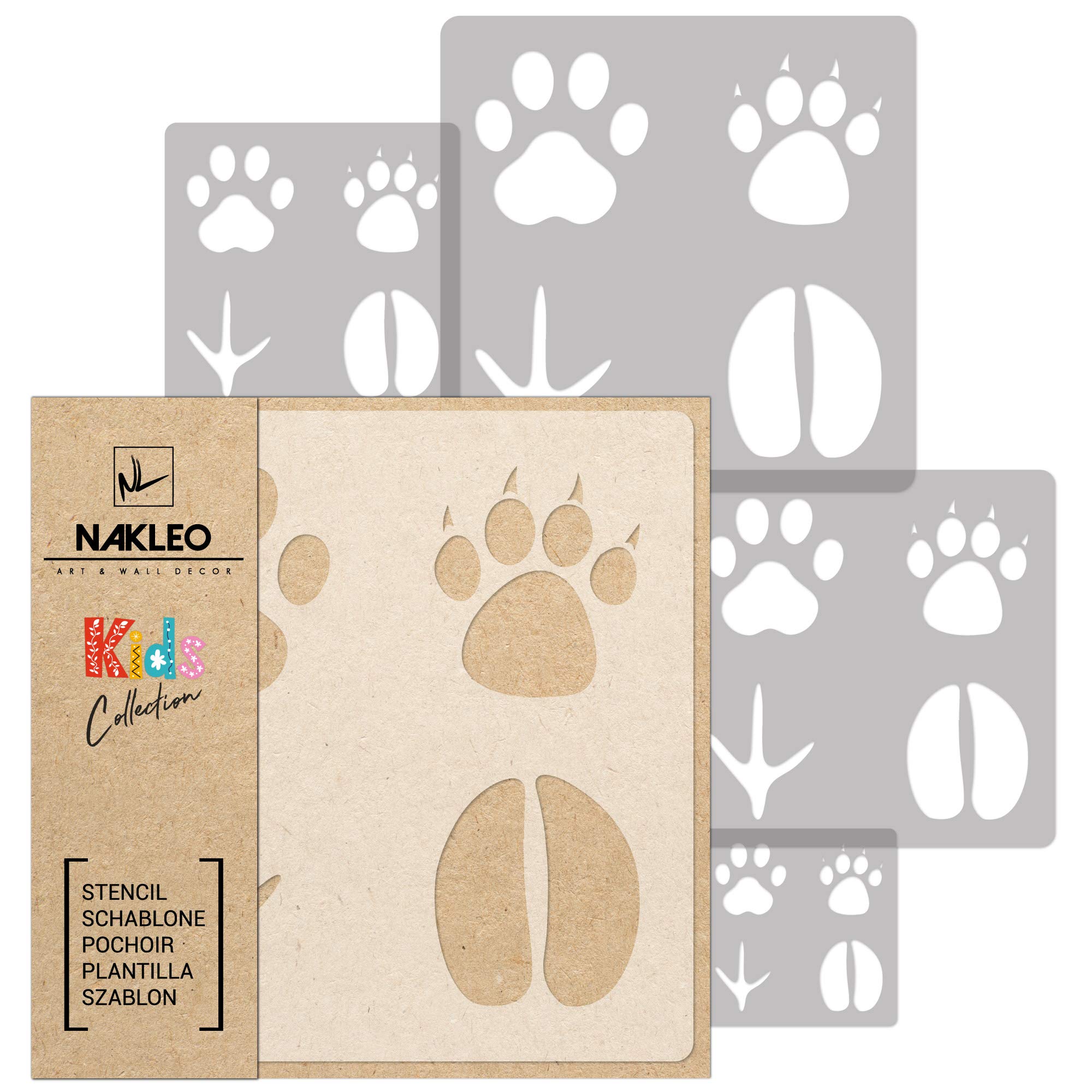 NAKLEO Painting Stencils Set for Nursery Room, 5 Pcs Templates 9x9 to 34x34cm Paw Tracks Animal, Plastic and Reusable Drawing Stencils, Decor, Craft DIY Wall Furniture