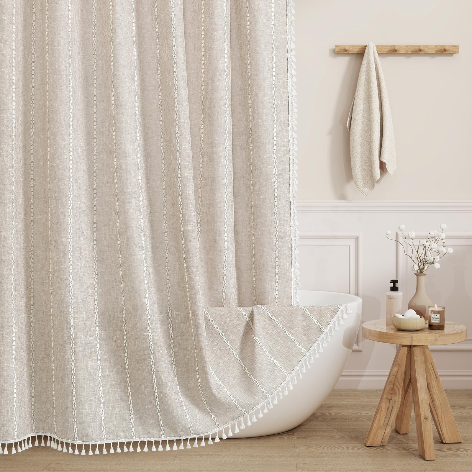MitoVilla Beige Boho Farmhouse Shower Curtain, Cream Modern Cotton Linen Fabric Shower Curtains for French Country Bathroom Decor, Retro Tassel Thick Cloth Shower Curtain, 72 x 72