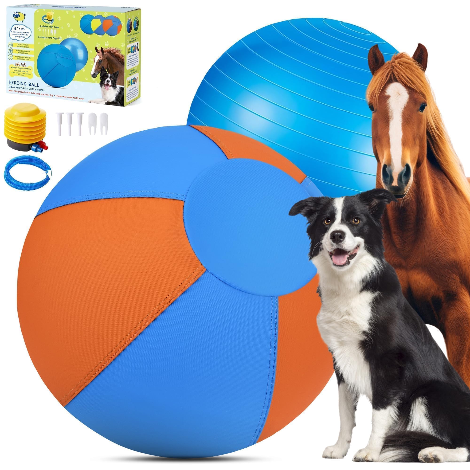 Photo 1 of Irondance Herding Ball for Dogs - 25" Large Herding Ball with Anti-Burst Cover and Pump, Outdoor Dog Exercise Toy for Australian Shepherd, German Shepherd, Collie (Blue & Orange)