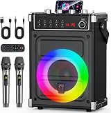 JYX Karaoke Machine with 2 Wireless Mics Bluetooth Speaker Bass Treble Echo LED