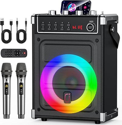 JYX Karaoke Machine with 2 Wireless Mics Bluetooth Speaker Bass Treble Echo LED