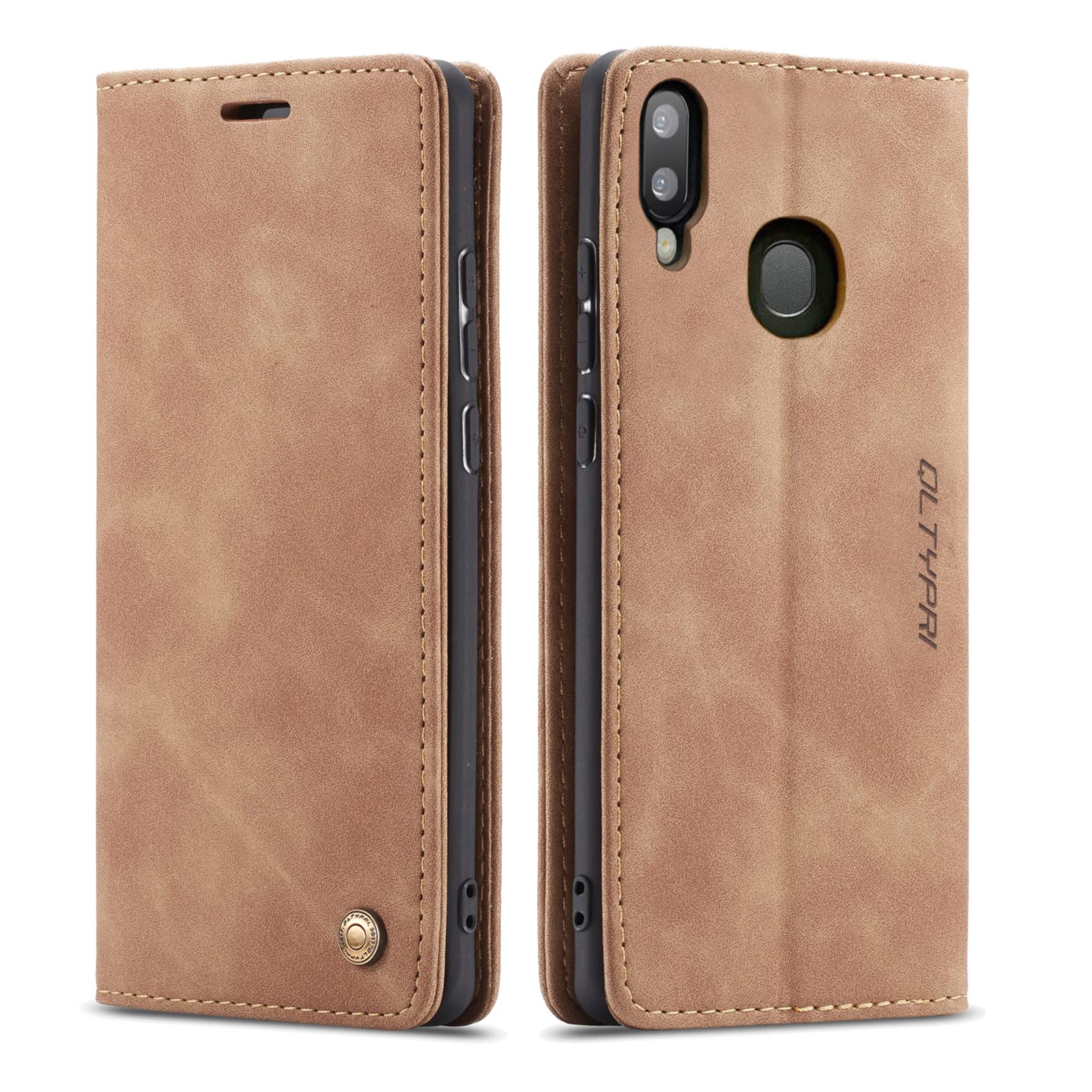 QLTYPRI Case for Samsung Galaxy A40, Vintage PU Leather Wallet Case Card Slot Kickstand Magnetic Closure Shockproof Flip Folio Case Cover for Samsung Galaxy A40 - Brown