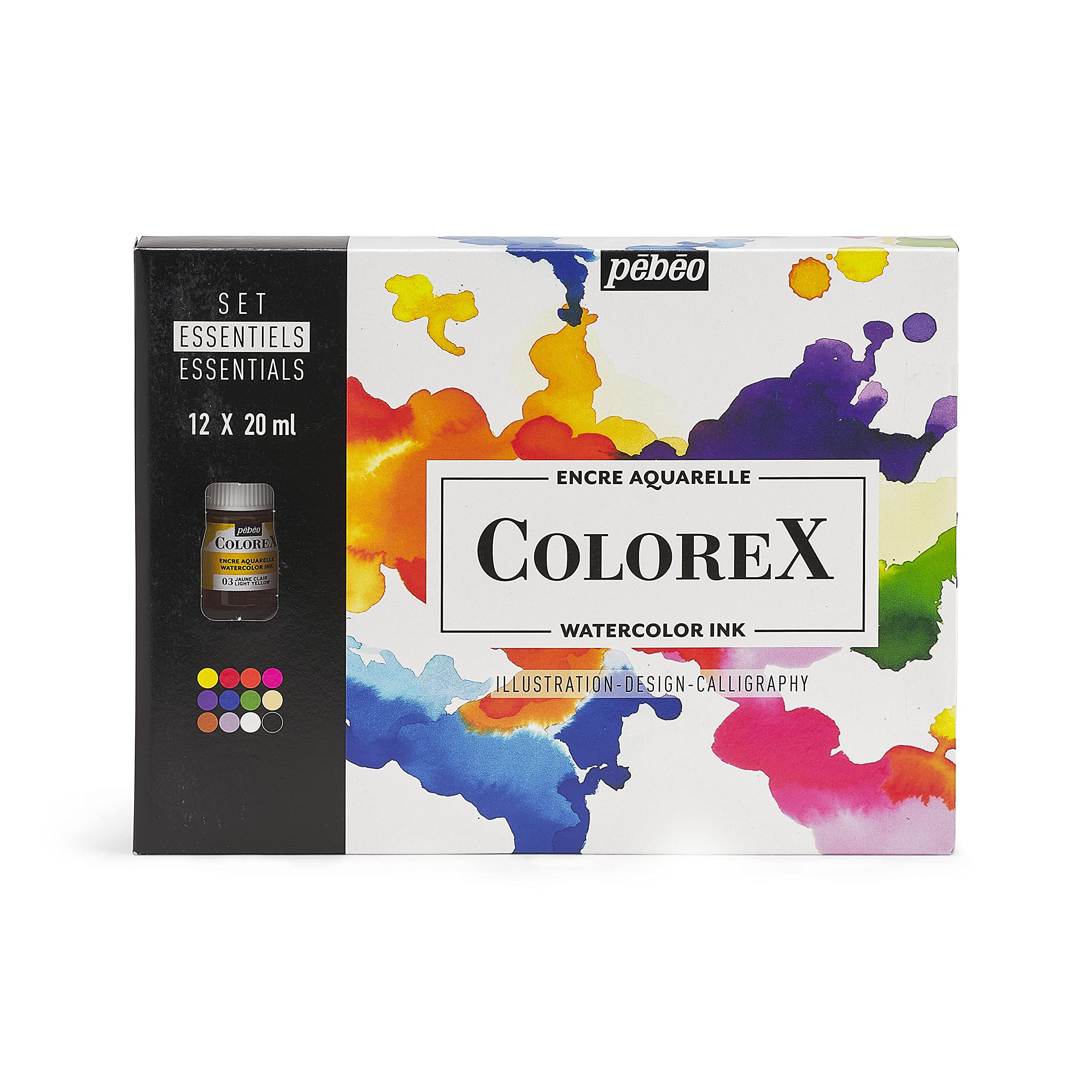 Pebeo Box 12 Assorted 20 ml Bottles-Manga Drawing & Illustration Kit Essential Colorex Watercolour Ink Complementary Colours, Détails en Description, Non Applicable