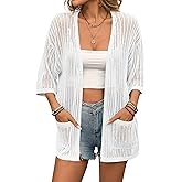 BB&KK Lightweight Summer Crochet Cardigan for Women 3/4 Sleeve Open Front Sheer Knit Boho Kimono Cardigans with Pockets