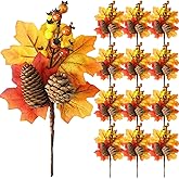 12 Pack Fall Stems Artificial Berry Picks Fall Picks with Maple Leaves Pine Cone Branches Decorations for Harvest Autumn Thanksgiving Day Flower Arrangements Wreaths Indoor Outdoor Home Decor