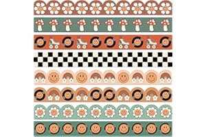 Whaline 82Ft Groovy Vintage Bulletin Board Borders Boho Flower Rainbow Face Plaid Mushroom Adhesive Trim Border for Classroom