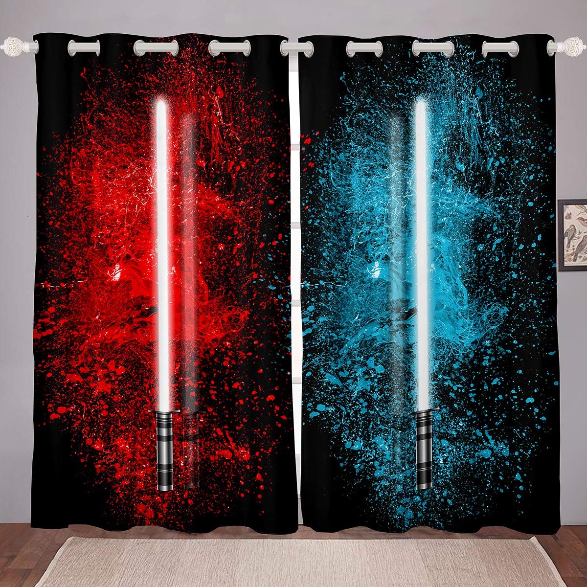Lightsaber Curtains Red Blue Tie Dye Curtains for Bedroom Living Room for Kids Boys Teens Future Technology Windows Drapes Soft Durable Washable Room Decoration,W46*L72