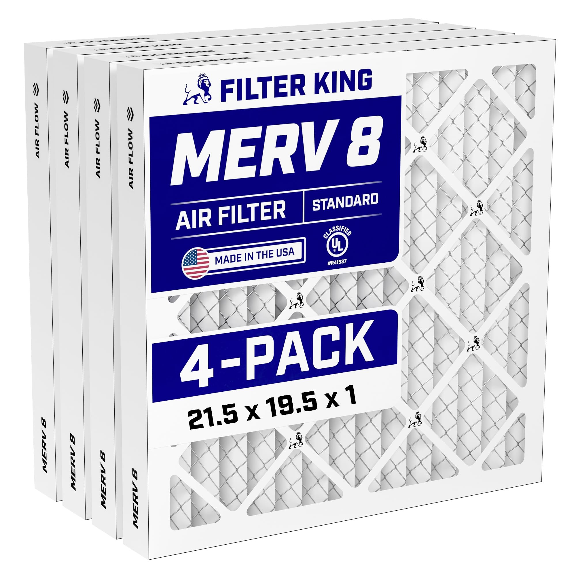 Filter King 21.5x19.5x1 Air Filter (MERV 8) (4-Pack) Dust & Allergy Control AC Furnace Filters, MADE IN USA, HVAC, Pleated, Electrostatic (Actual Size: 21.5 x 19.5 x .75) Image