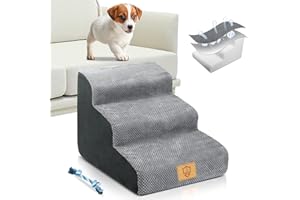 TNELTUEB High Density Foam Dog Stairs 3 Tiers, Extra Wide Deep Dog Steps, Non-Slip Dog Ramp, Soft Foam Pet Steps, Best for Dogs Injured,Older Cats,Pets with Joint Pain, with 1 Dog Rope Toy (Grey)