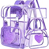 FTJCF 3PCS Clear Backpack, Heavy Duty Transparent Bookbag for Girls Women, Stadium Approved See Through Backpack Set (Purple Sequins)