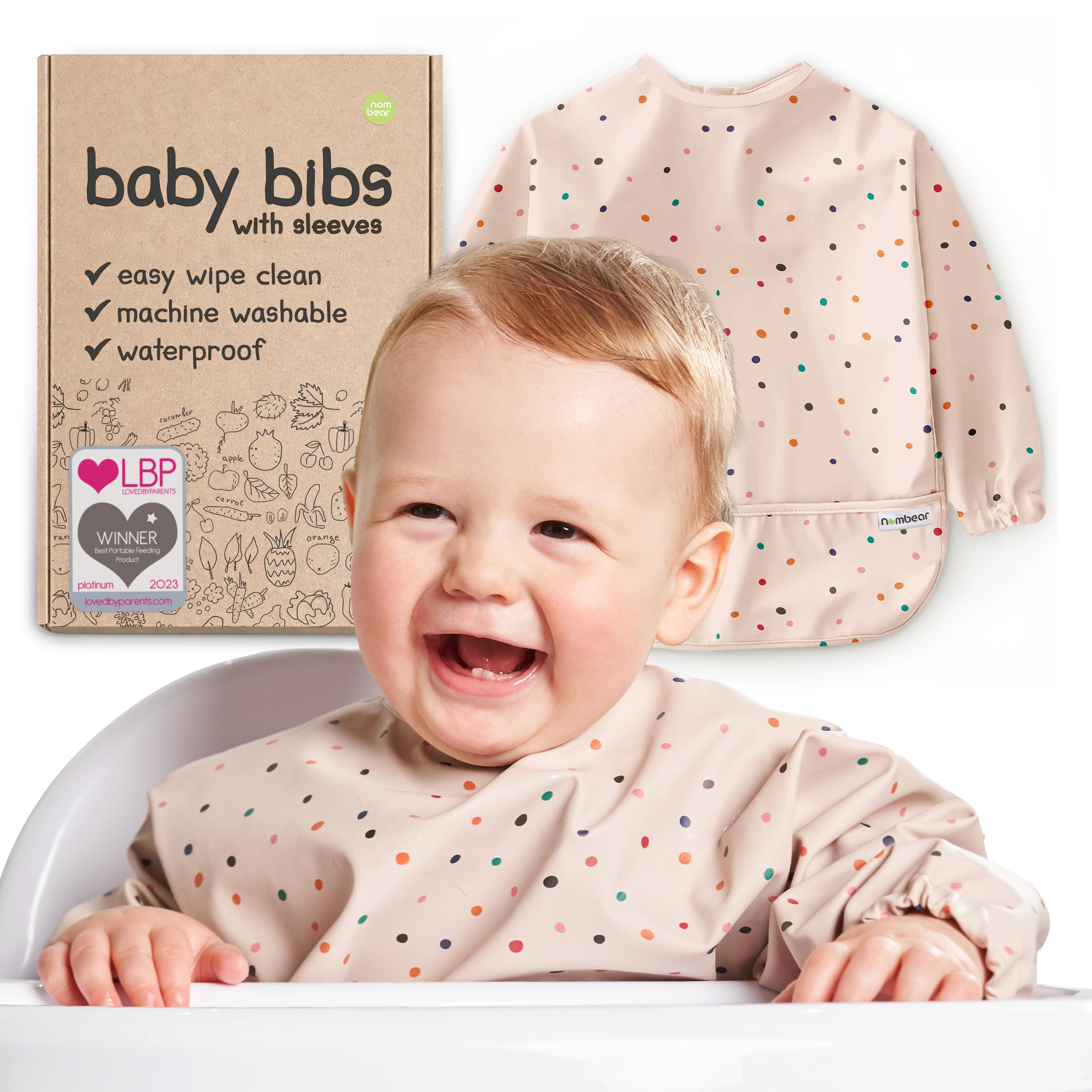 Nombear Baby Bibs with Sleeves for 6-24 Months, 1 Pack - Easy Wipe Clean, Machine Washable Baby Weaning Bib with Sleeves, Waterproof Long Sleeve Bibs, Non Silicone and Coverall Bib