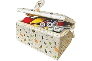 COMFECTO Wooden Sewing Basket Kit with Complete Sewing Tools, Large Box Organizer with Removable Tray and Tomato Pincushion for Hand Sewing and DIY Repairs, Rabbit Forest