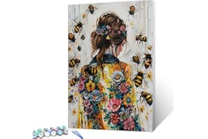 TUMOVO Girl with Boho Flowers Painting Woman and Yellow Bee Paint by Number Kits Tropical Female 16 x 20 inch Canvas DIY Oil Acrylic Painting for Kids Adults Beginner with Brushes Office Decor(DIY Frame)