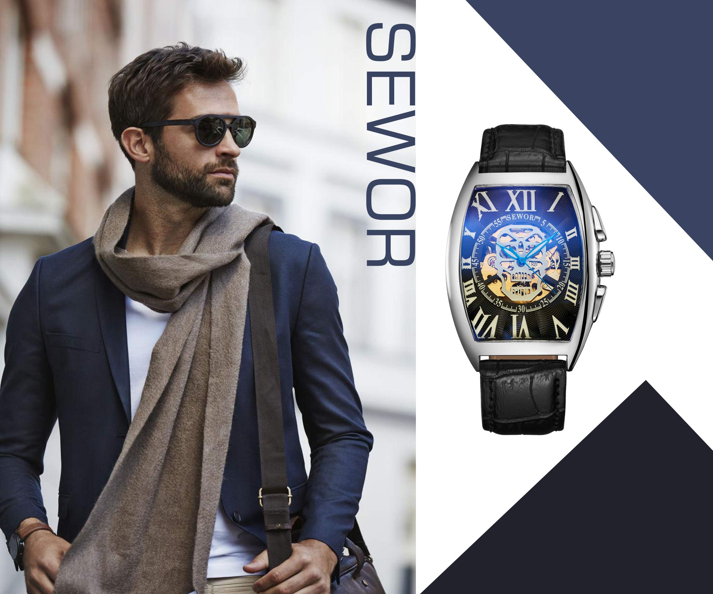 SEWOR Mens Automatic Business Dress Tonneau Skull Skeleton Wrist Watch Mechanical Self Wind (Black)