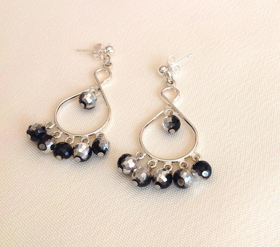 SILVER and BLACK crystal earrings Handmade