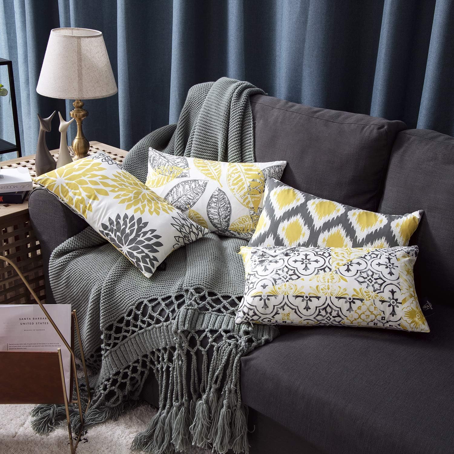 Phantoscope Set of 4 New Living Series Decorative Throw Pillow Case Cushion Cover, Yellow and Grey, 12 x 20 inches, 30 x 50 cm: Home & Kitchen