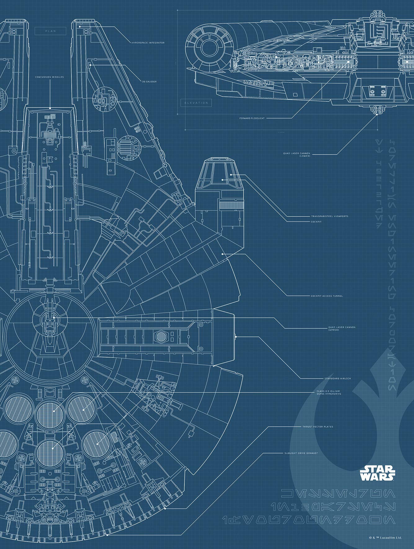 Komar Wall Picture Star Wars Blueprint Falcon Children's Room Decoration Art Print Without Frame Available in 3 Sizes, Colourful, WB176-30x40