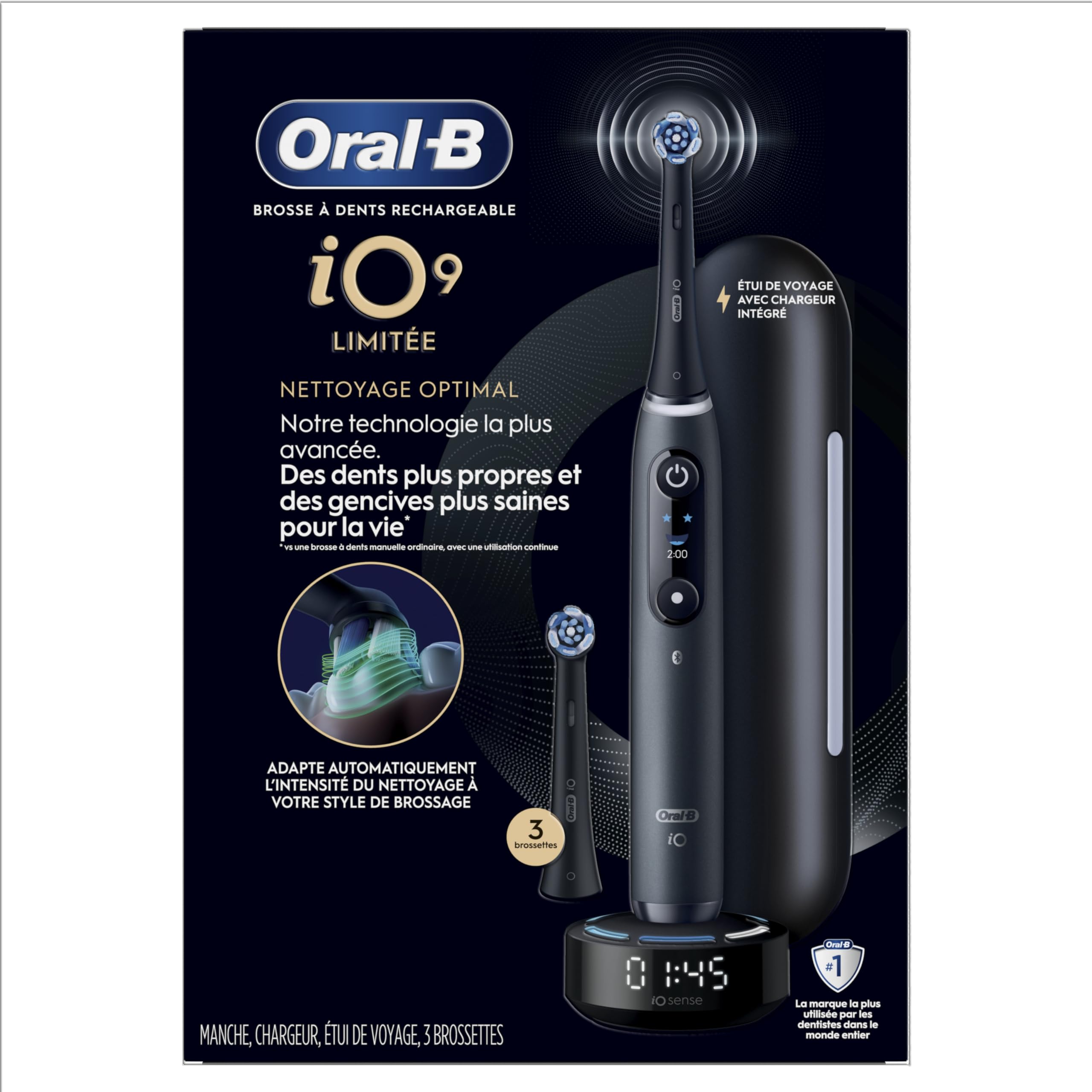 Oral-B iO Series 9 Limited Rechargeable Black Electric Toothbrush with (2) Ultimate Clean and (1) Gentle Care Replacement Brush Heads, Black, Travel Case and Charger