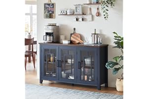 Joaxswe Large Sideboard Buffet Cabinet with Storage, 55" Farmhouse Kitchen Coffee Wine Bar Cabinet with 3 Glass Doors, Wood Mid Century Modern Side Board Table for Dining Room, Living Room,Navy Blue