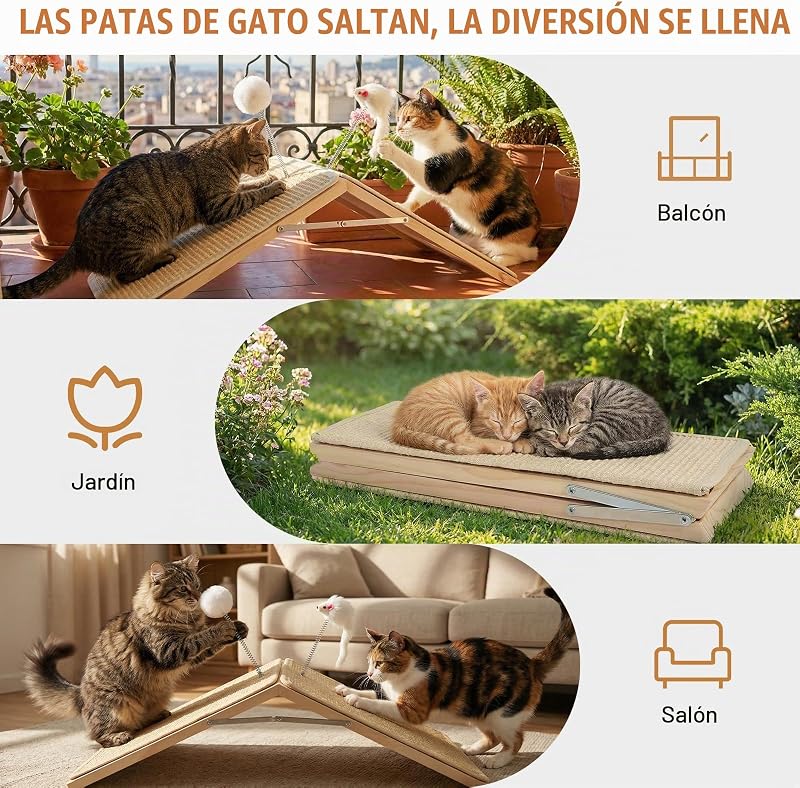 Arranhador para gatos, rampa de arranhador de sisal, tábua dobrável de madeira com 2 peluches de mola, rampa triangular para gatinhos que protege móveis, tapete antiderrapante