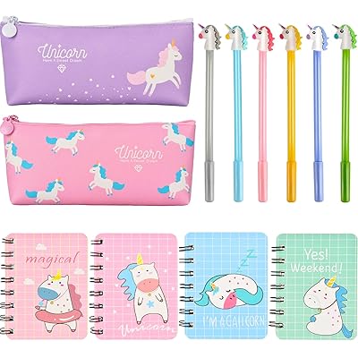 Jovitec 12 Pieces Unicorn Stationery Set, Include 4 Pieces Unicorn Notebooks, 6 Pieces Unicorn Pens and 2 Pieces Pencil Bags for Kids Home School Supplies
