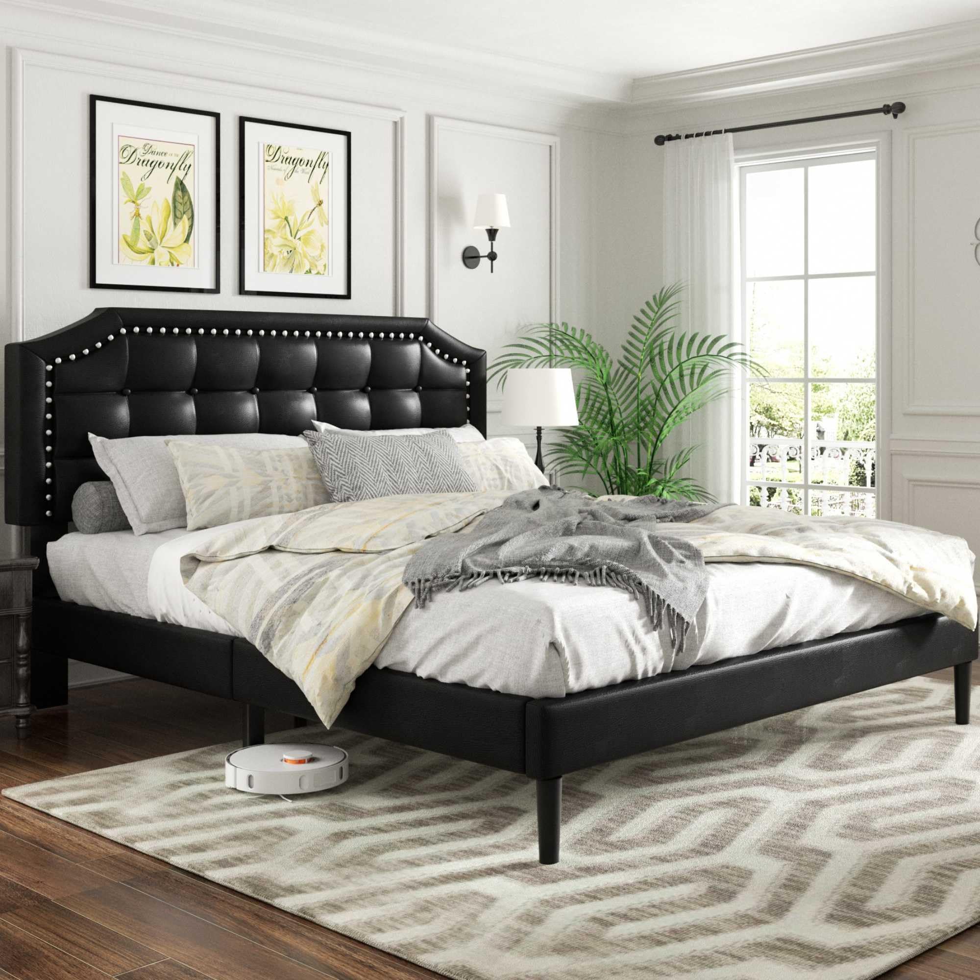 Photo 1 of ***PARTSONLY, Final sale *** CXVX King Size Platform Bed Frame and Headboard, Button Tufted & Rivet Design, No Box Spring Needed, Easy Assembly, No Noise, Black Faux Leather
