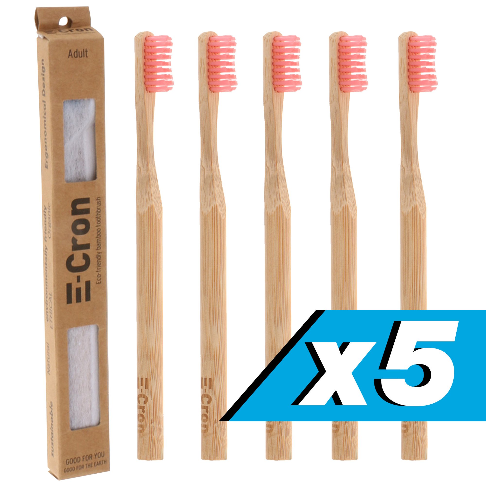 5 x E-Cron Bamboo Toothbrush (Red) with Eco-Friendly, 100% Organic and Biodegradable Toothbrush Handle. Your Natural Dental Care with The Clean and Warm Touch of The Bamboo