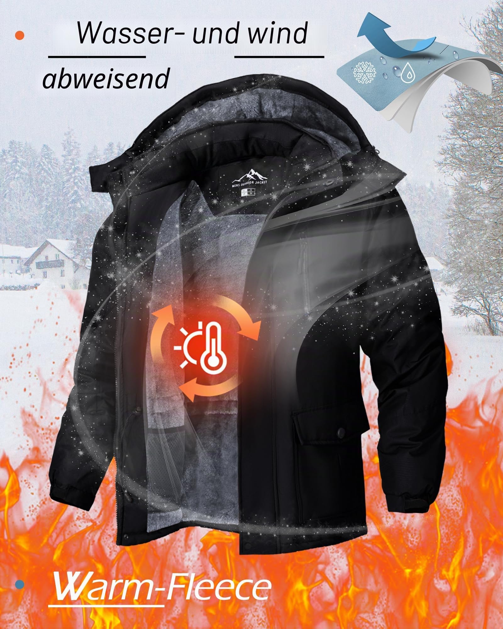 Tansozer Herren Winterjacke Winddicht Atmungsaktiv Wasserabweisend Gefüttert Wander Regenjacke, Schwarz, L 3