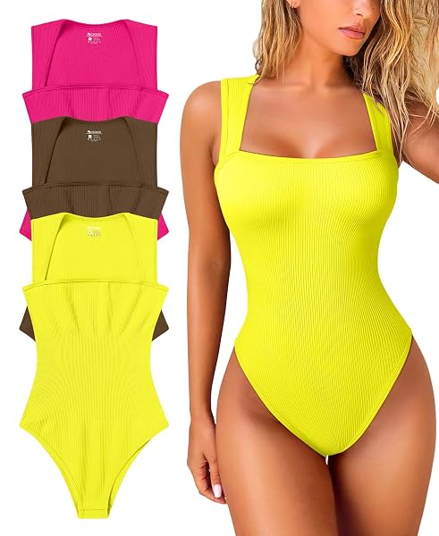OQQ WOMEN’S 3 PIECE BODYSUITS SEXY RIBBED STRAPPY SQUARE NECK SLEEVELESS TUMMY CONTROL TANK TOPS BODYSUITS PITAYA COFFEE YELLOW