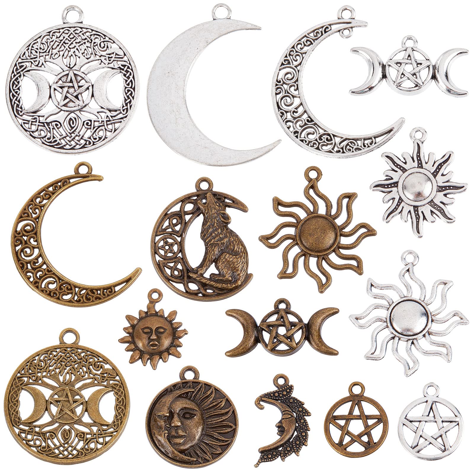 SUNNYCLUE 1 Box 72Pcs Tibetan Style Sun Charms Bulk Crescent Moon Charm Triple Goddess Moon Wolf Hollow Pentagram Star Round Metal Charms for jewellery Making Charm Tarot Styles Craft Earrings Supply