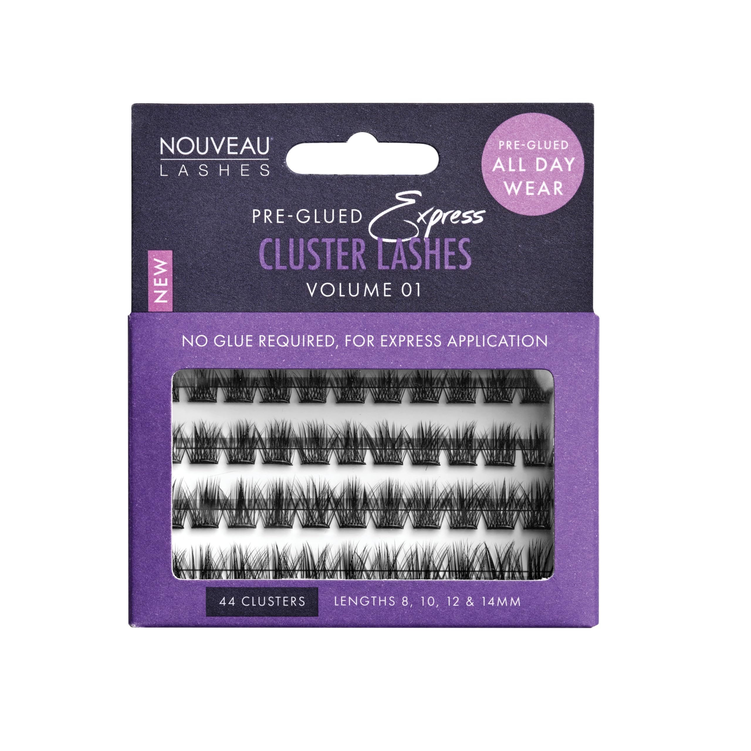 Nouveau Lashes Pre-Glued Express Cluster Lashes - Reusable & Customisable Lash Clusters - 8, 10, 12, 14mm Length - 44/48 Clusters Per Pack (Volume 01)