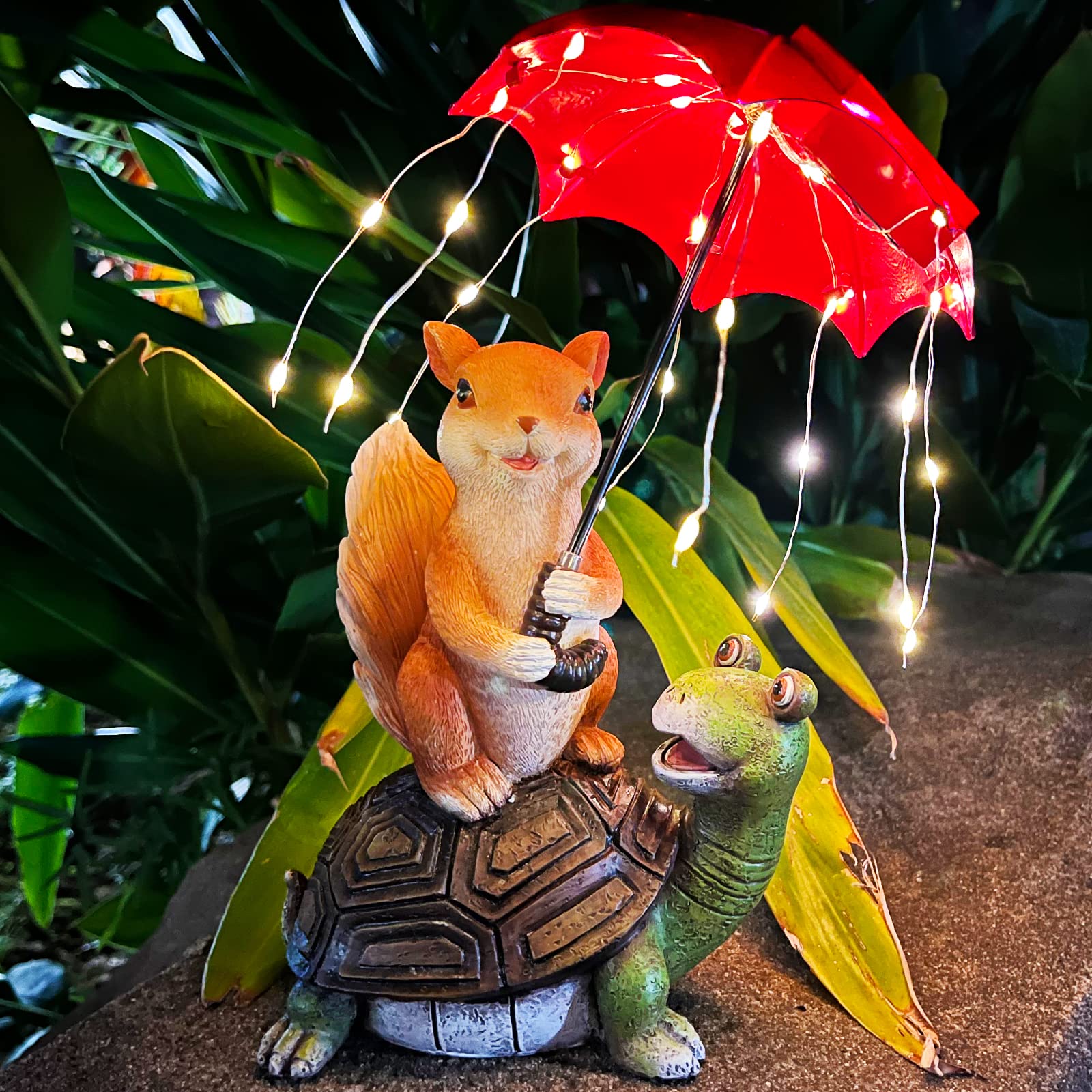 Garden Ornaments Outdoor - Solar Squirrel & Turtle Statue Figurine, Squirrel Siting on Turtle Holding Umbrella with String Lights, Waterproof Yard Decorations, Unique Garden Gifts for Mom, Women — image 1